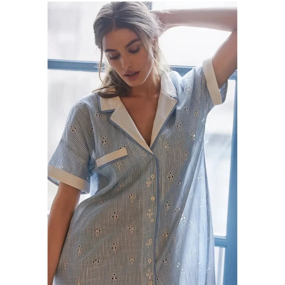 Anthropologie Eyelet Striped Midi Shirtdress Women L Blue White Coastal Cottage